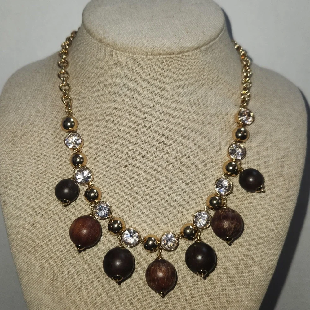 Kate Spade Gold Tone Wood Bead Crystal Statement Necklace Brown Mixed Media‎ Bib
